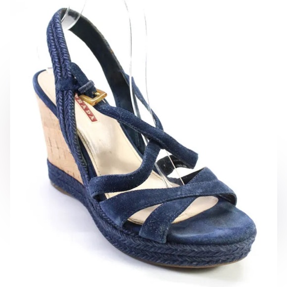 Prada Womens Braided Suede Cork Platform Strappy Wedges Sandals Blue Size 9 - Picture 1 of 4